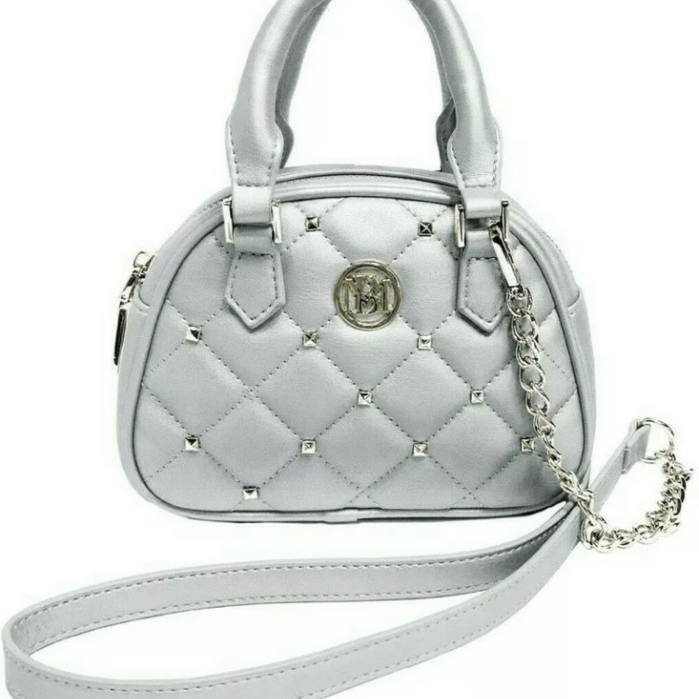 NWT BADGLEY MISCHKA Crossbody Dome Metallic Grey with Silver Studs